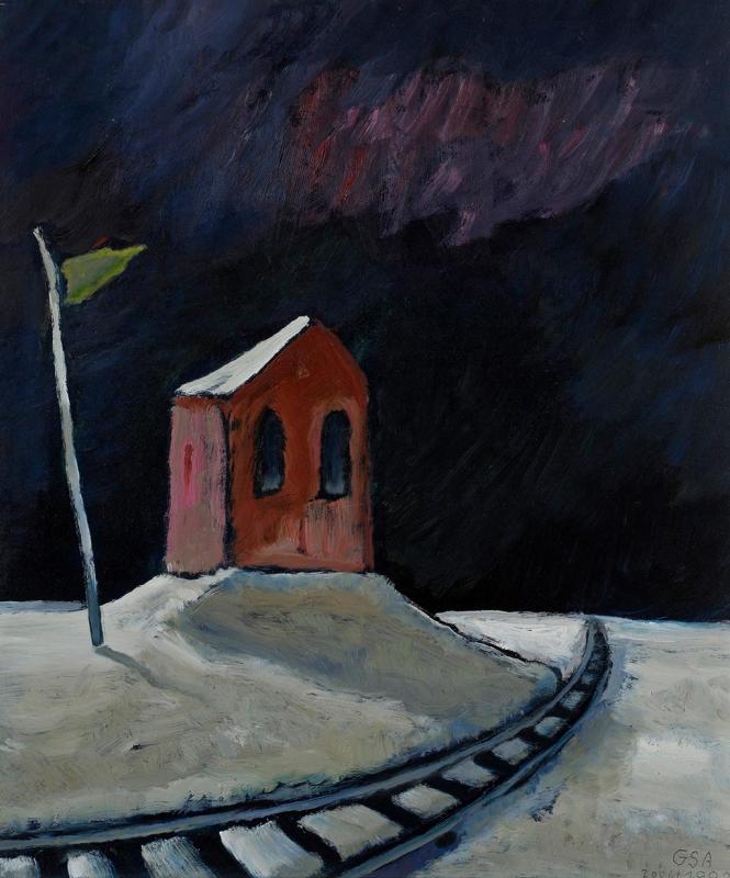 Rettungsstation im Mondlicht, 1992, Öl auf Hartfaserplatte, 70 x 60 cm.