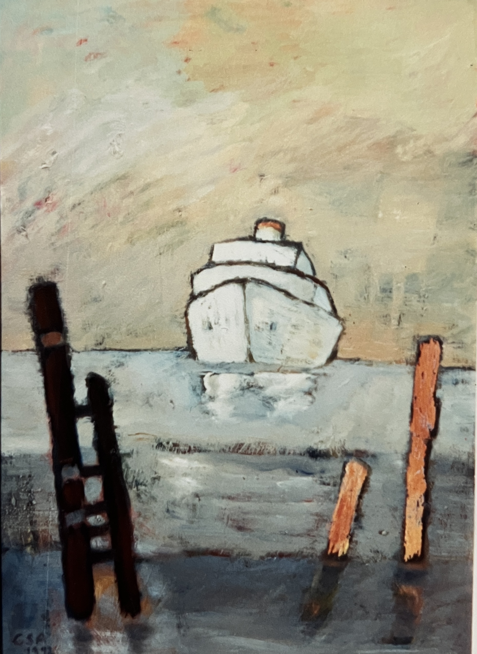 Weißer Dampfer, 1992, Öl auf Hartfaserplatte, 50 x 70 cm.