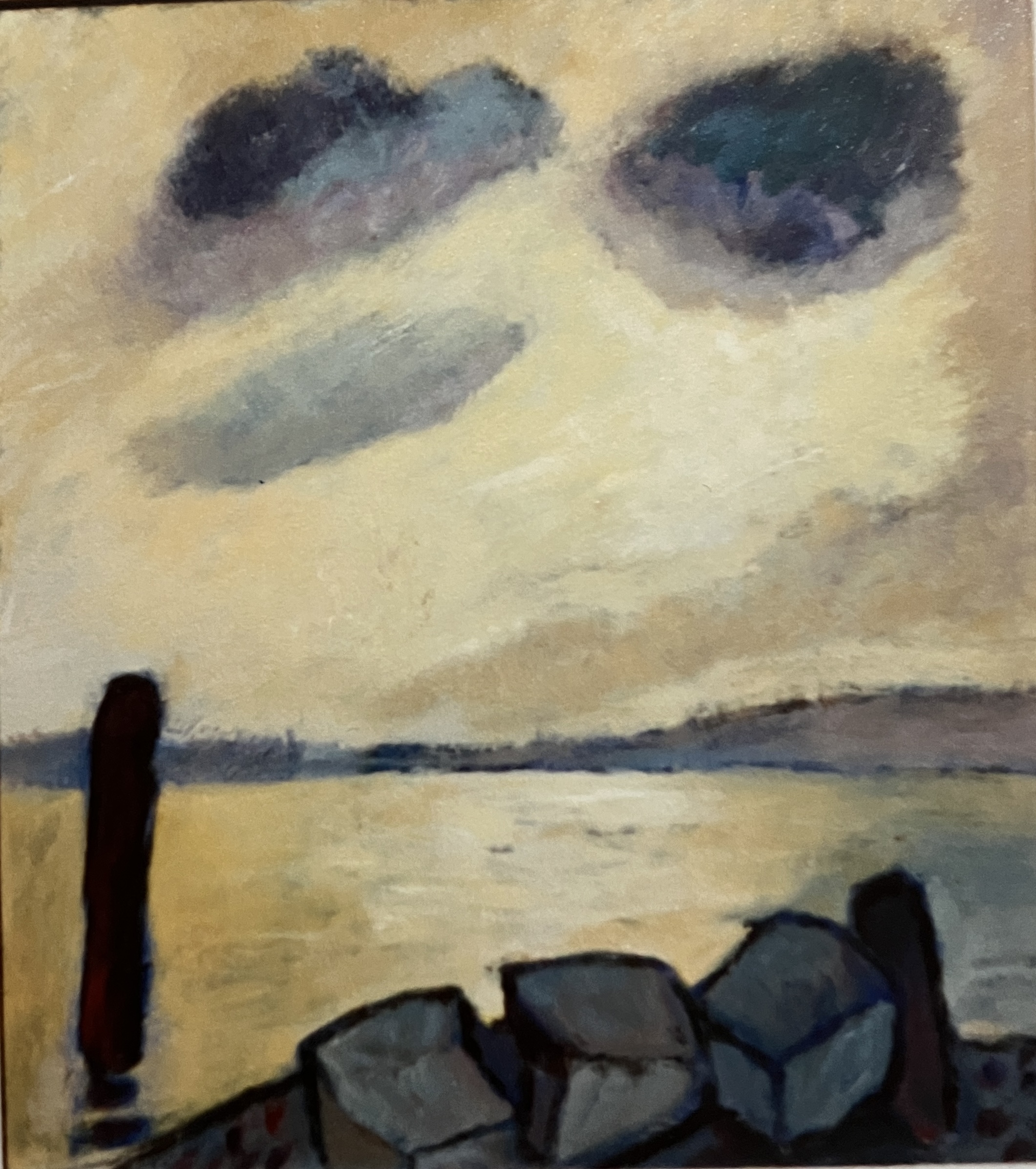 Abendlicht am See, 1993, Öl auf Hartfaserplatte, 70 x 64 cm.