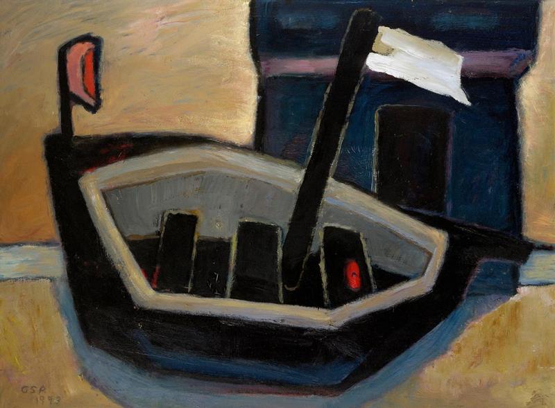Boot an Land, 1993, Öl auf Hartfaserplatte, 64,3 x 85 cm.