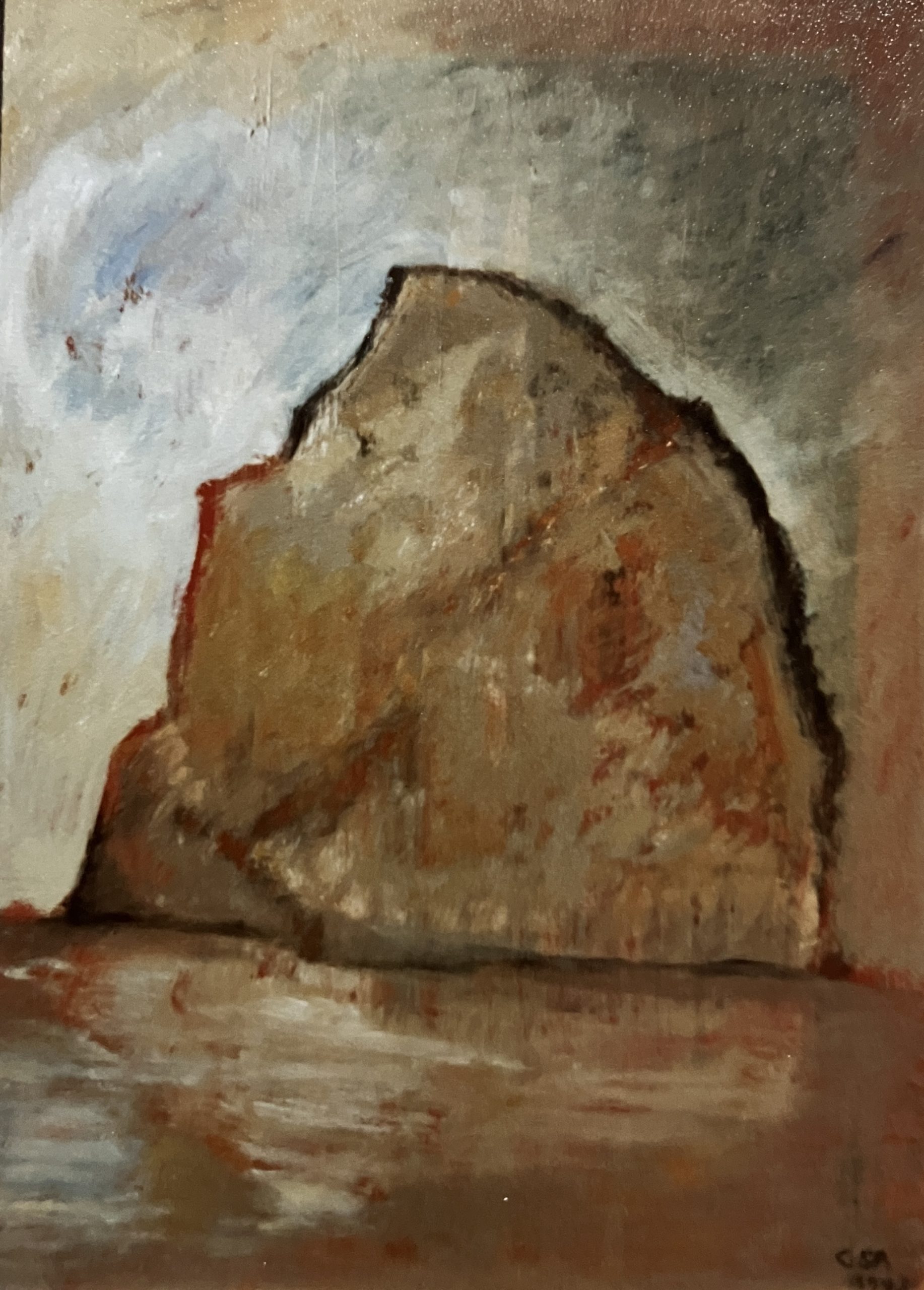 Fels im Meer I, 1993, Öl auf Hartfaserplatte, 85 x 62 cm.