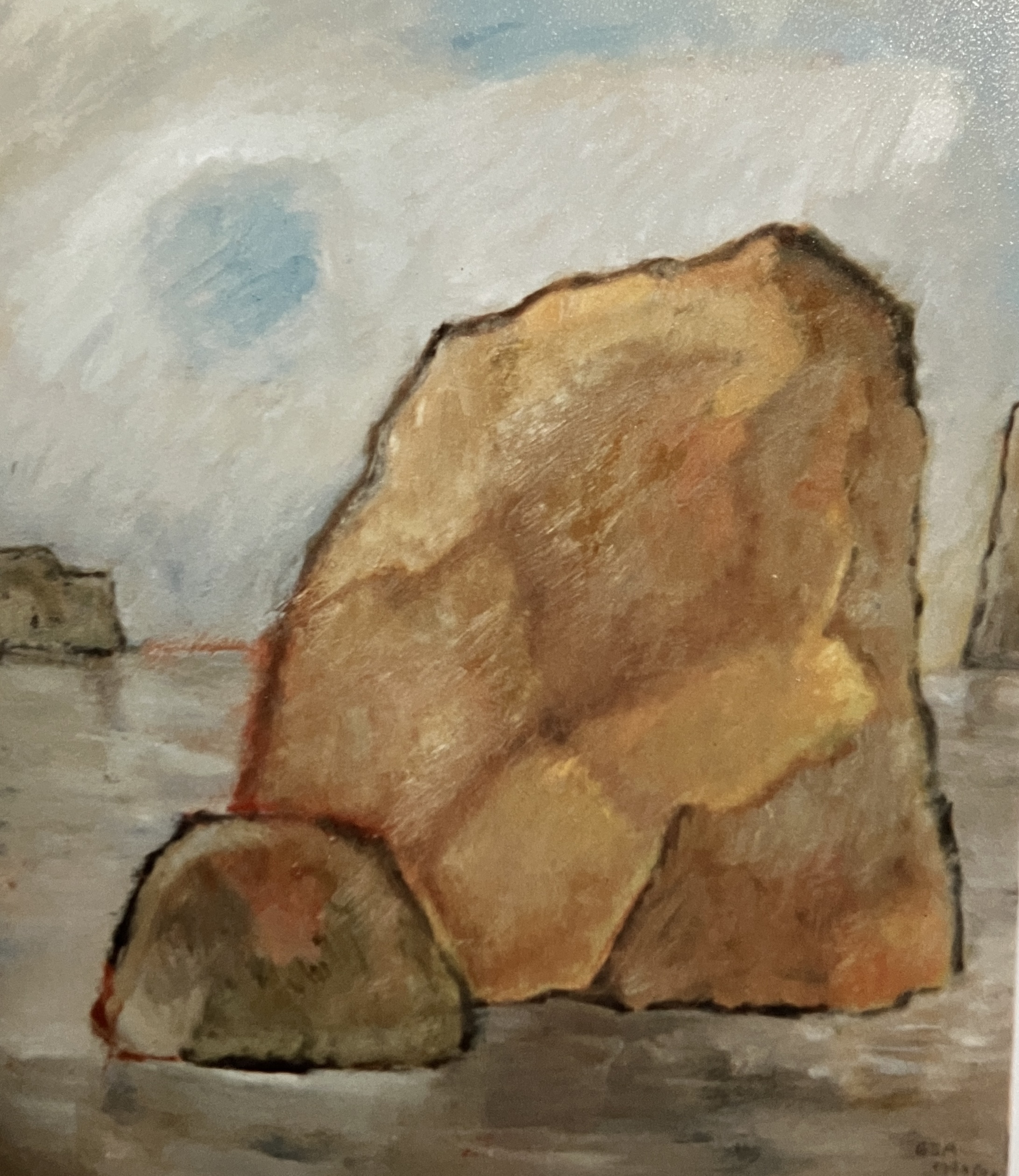 Felsen im Meer II, 1993, Öl auf Hartfaserplatte, 75 x 90 cm.