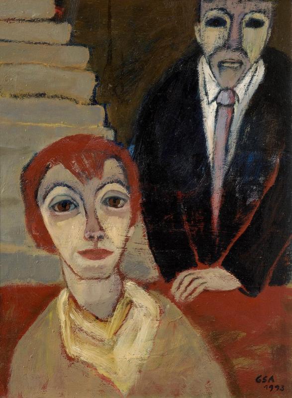 Gespräch, 1993, Öl auf Hartfaserplatte, 76,8 x 55,7 cm.