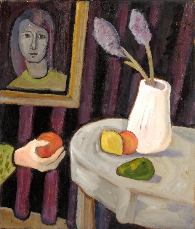 Mit Orange, 1993, Öl auf Hartfaserplatte, 70,5 x 60,5 cm.