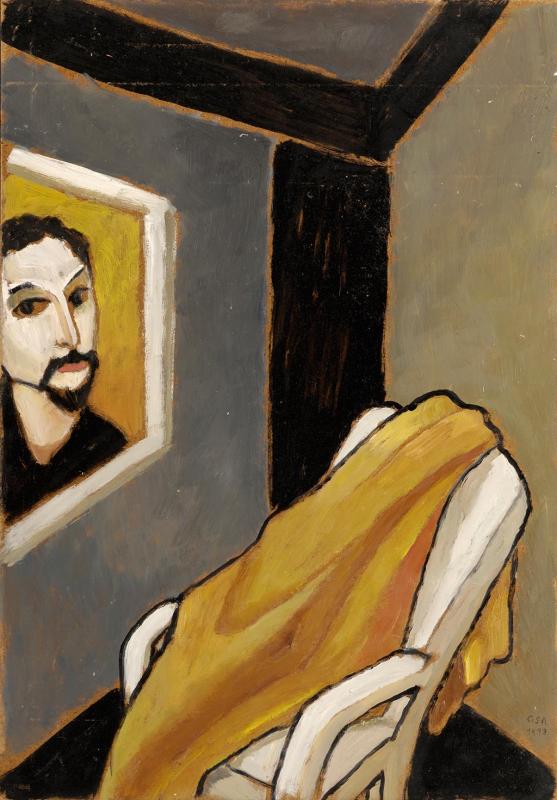 Mit gelbem Tuch, 1993, Öl auf Hartfaserplatte, 90,3 x 63 cm.