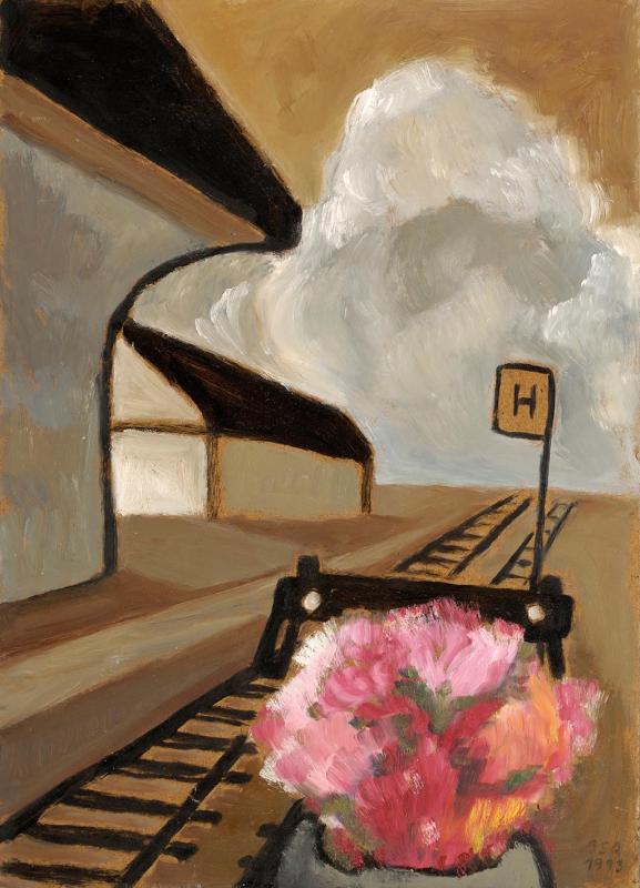 Stillgelegter Bahnhof, 1993, Öl auf Hartfaserplatte, 77 x 55,3 cm.