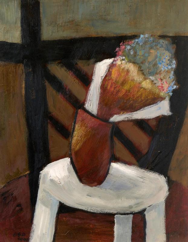 Strauss auf weißem Tisch, 1993, Öl auf Hartfaserplatte, 80,8 x 64,5 cm.