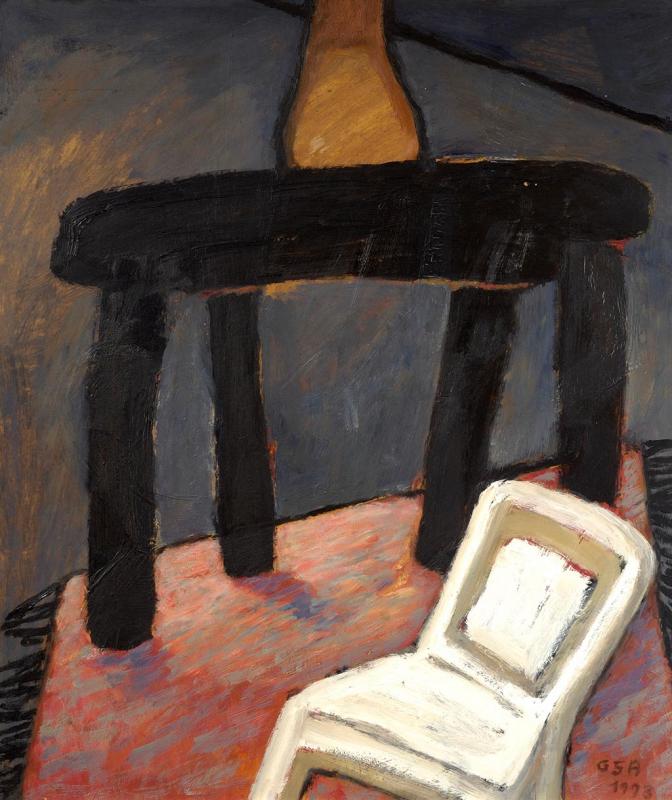 Tisch und Stuhl, 1993, Öl auf Hartfaserplatte, 90 x 75 cm.