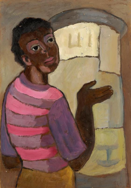 An der Plakatsäule, 1994, Öl auf Hartfaserplatte, 77,7 x 54,5 cm.