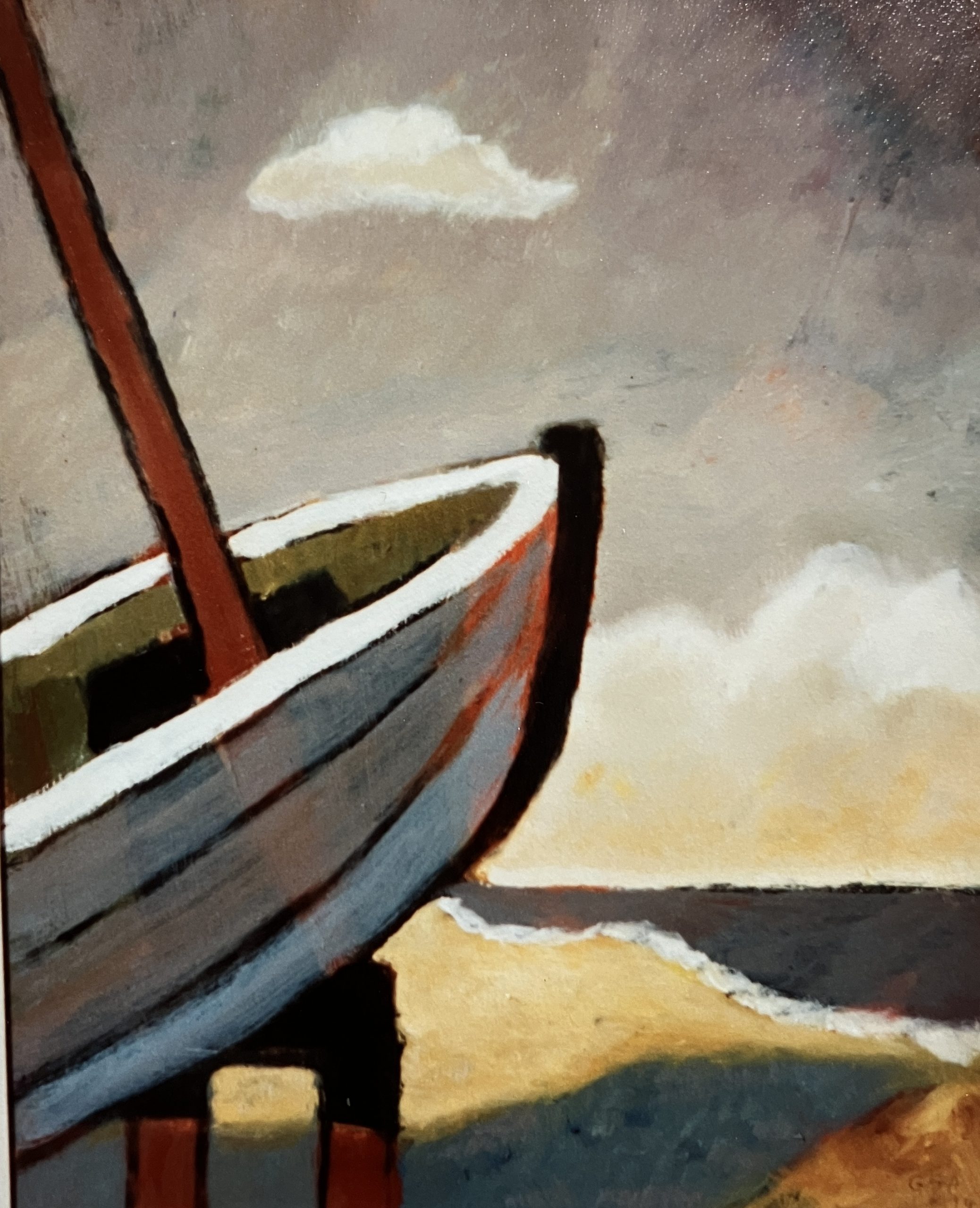 Aufgebocktes Boot, 1994, Öl auf Hartfaserplatte, 64,5 x 81 cm.