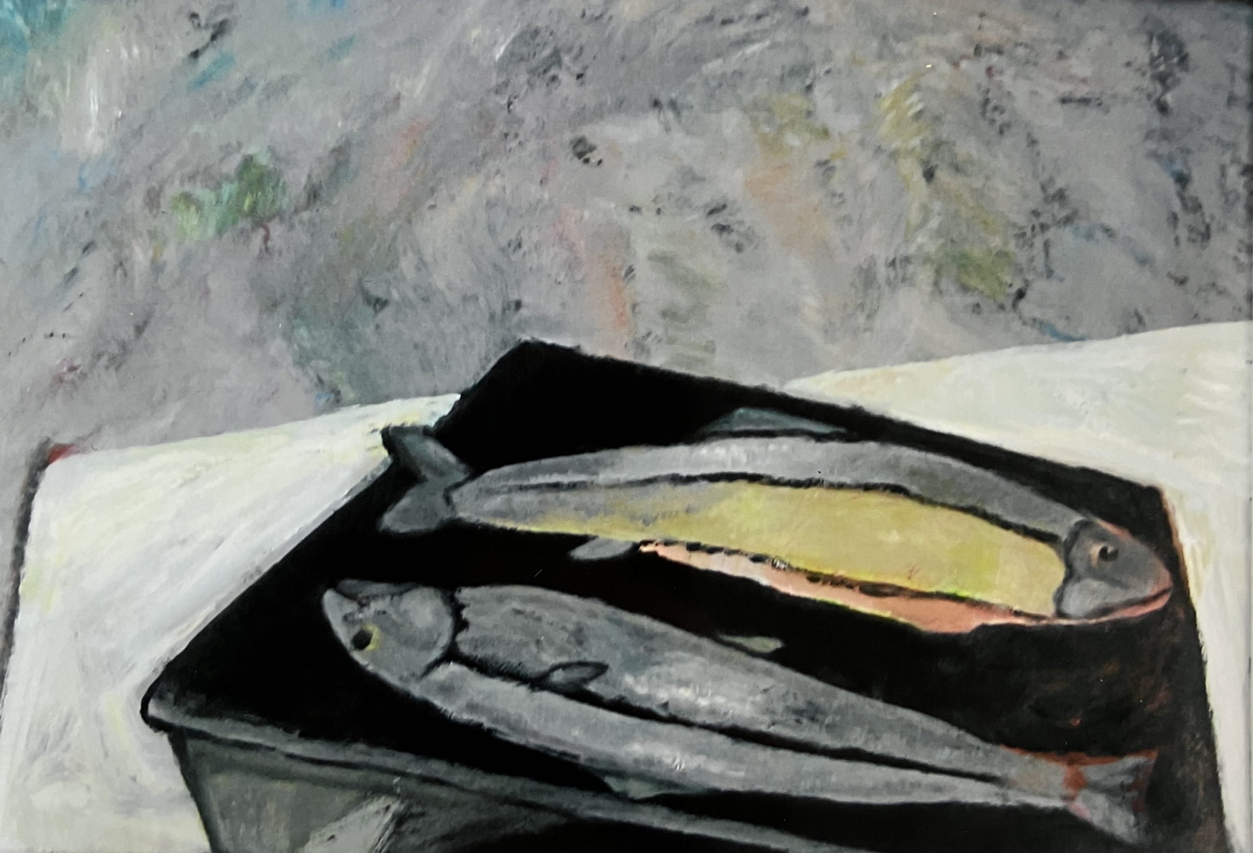 Fische, 1994, Öl auf Hartfaserplatte, 70 x 50 cm.