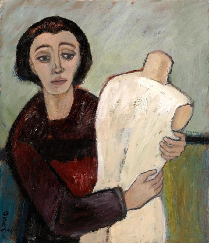 Frau mit Puppe, 1994, Öl auf Hartfaserplatte, 70 x 60 cm.
