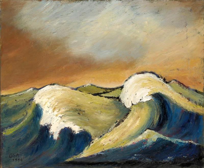 Grosse Wogen I, 1994, Öl auf Hartfaserplatte, 74 x 89 cm.