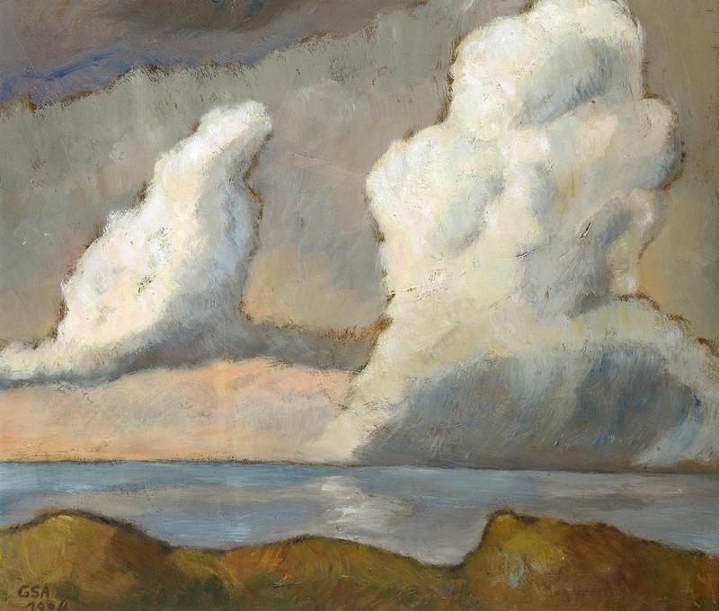 Grosse Wolken, 1994, Öl auf Hartfaserplatte, 74 x 90 cm.