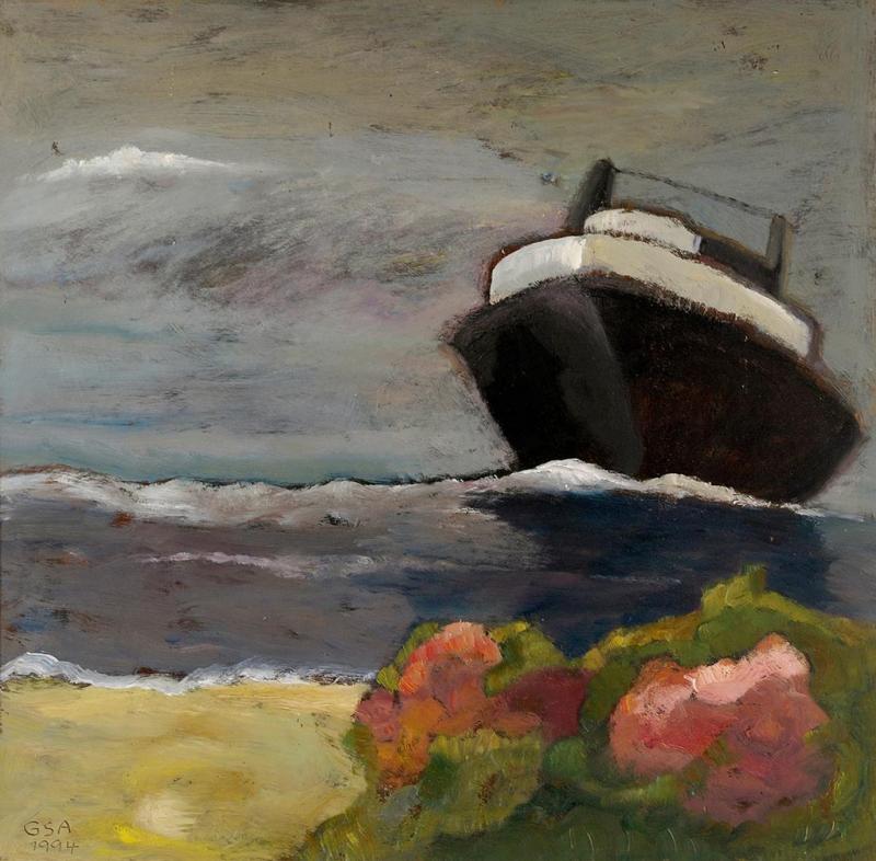 Grosser Dampfer, 1994, Öl auf Hartfaserplatte, 75 x 75 cm.