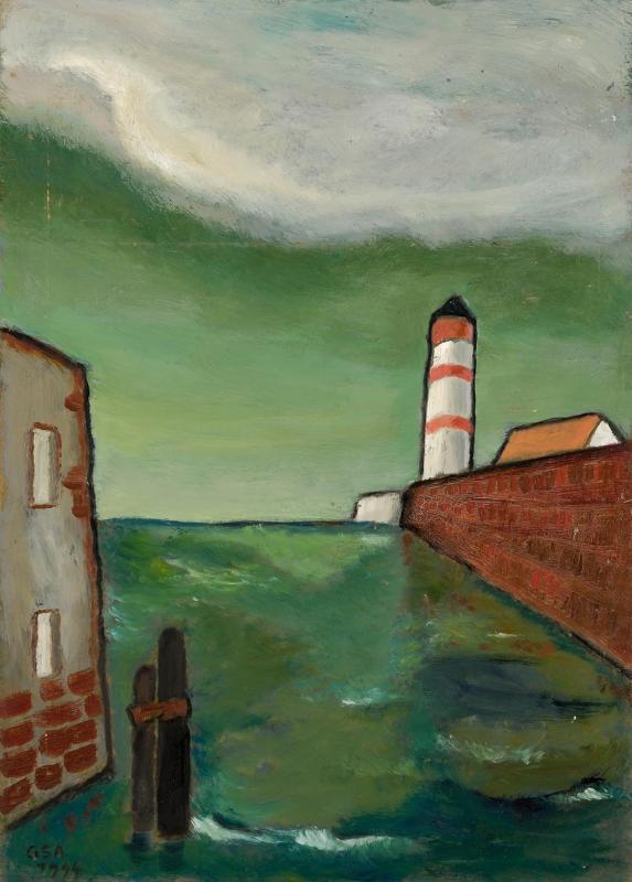 Hafeneinfahrt, 1994, Öl auf Hartfaserplatte, 89,2 x 64 cm.