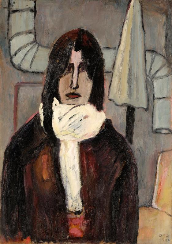 Mädchen mit weißem Halstuch, 1994, Öl auf Hartfaserplatte, 78 x 54,5 cm.