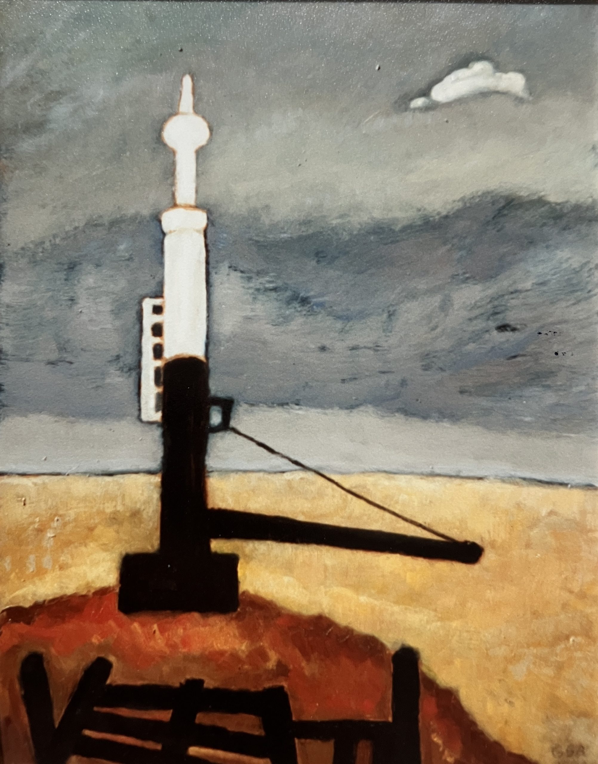 Pumpe im Watt, 1994, Öl auf Hartfaserplatte, 80 x 60 cm.