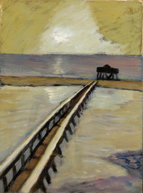 Steg zur Sandbank, 1994, Öl auf Hartfaserplatte, 80,5 x 60 cm.