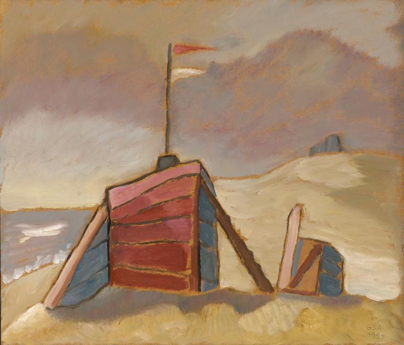 Strandbauten, 1994, Öl auf Hartfaserplatte, 60,2 x 70,2 cm.
