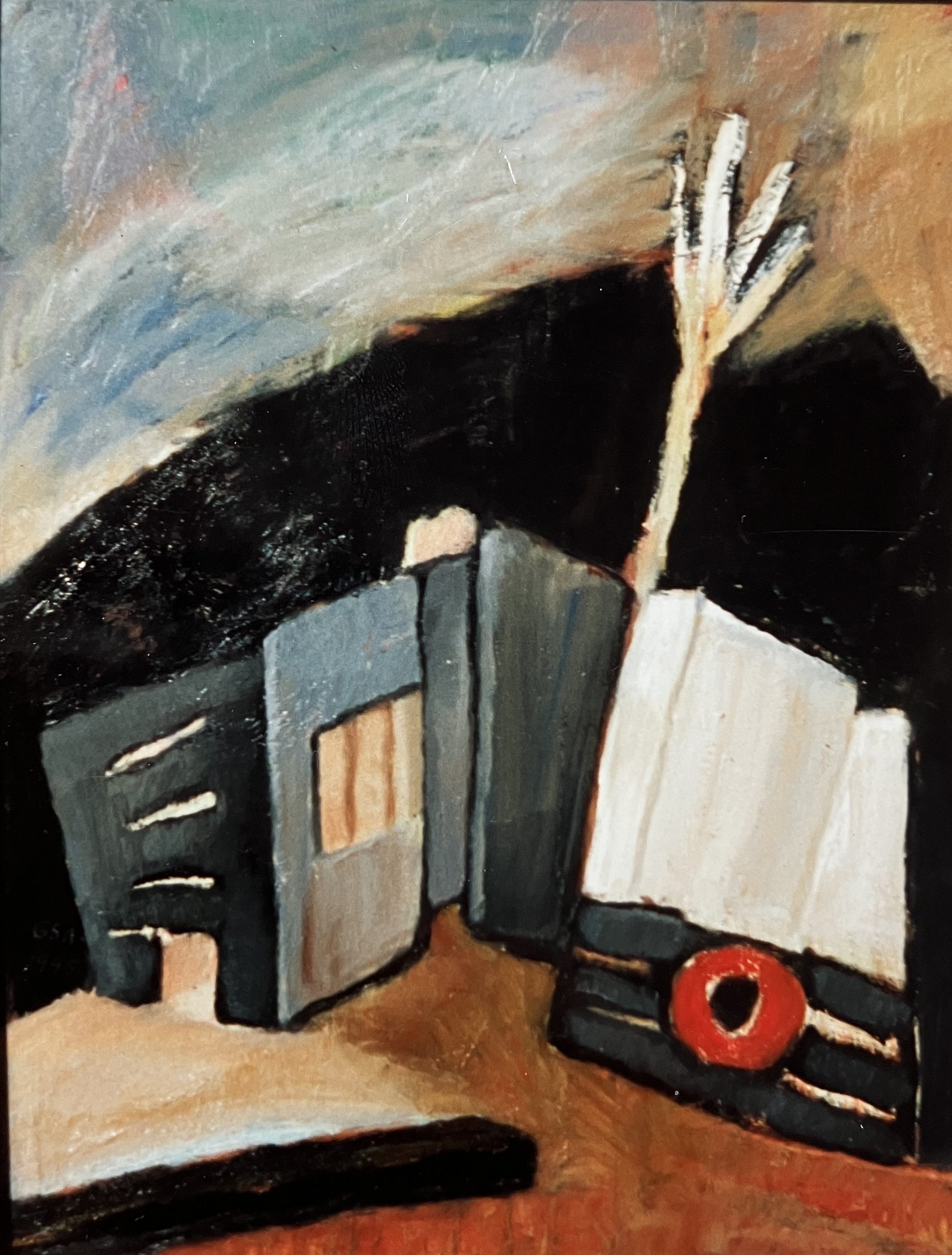 Buden in den Dünen, 1995, Öl auf Hartfaserplatte, 80 x 59,7 cm.