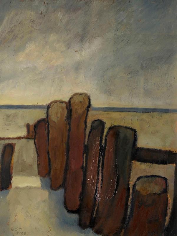 Buhnen II, 1995, Öl auf Hartfaserplatte, 80 x 60 cm.