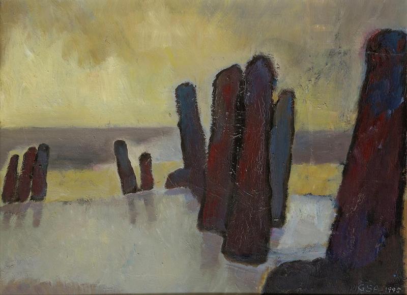 Buhnen bei Ebbe, 1995, Öl auf Hartfaserplatte, 59,5 x 78,5 cm.