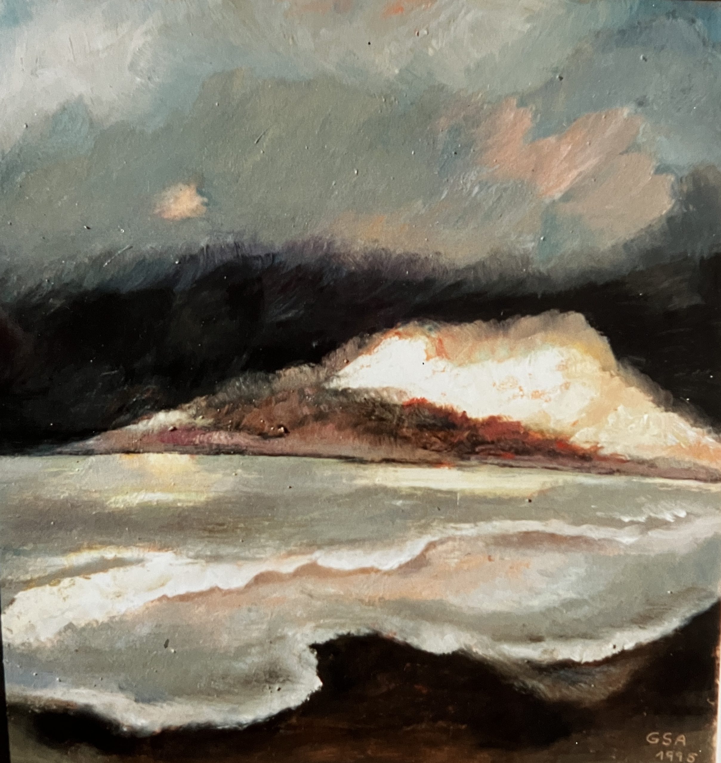 Fremde Küste, 1995, Öl auf Hartfaserplatte, 68 x 63 cm.