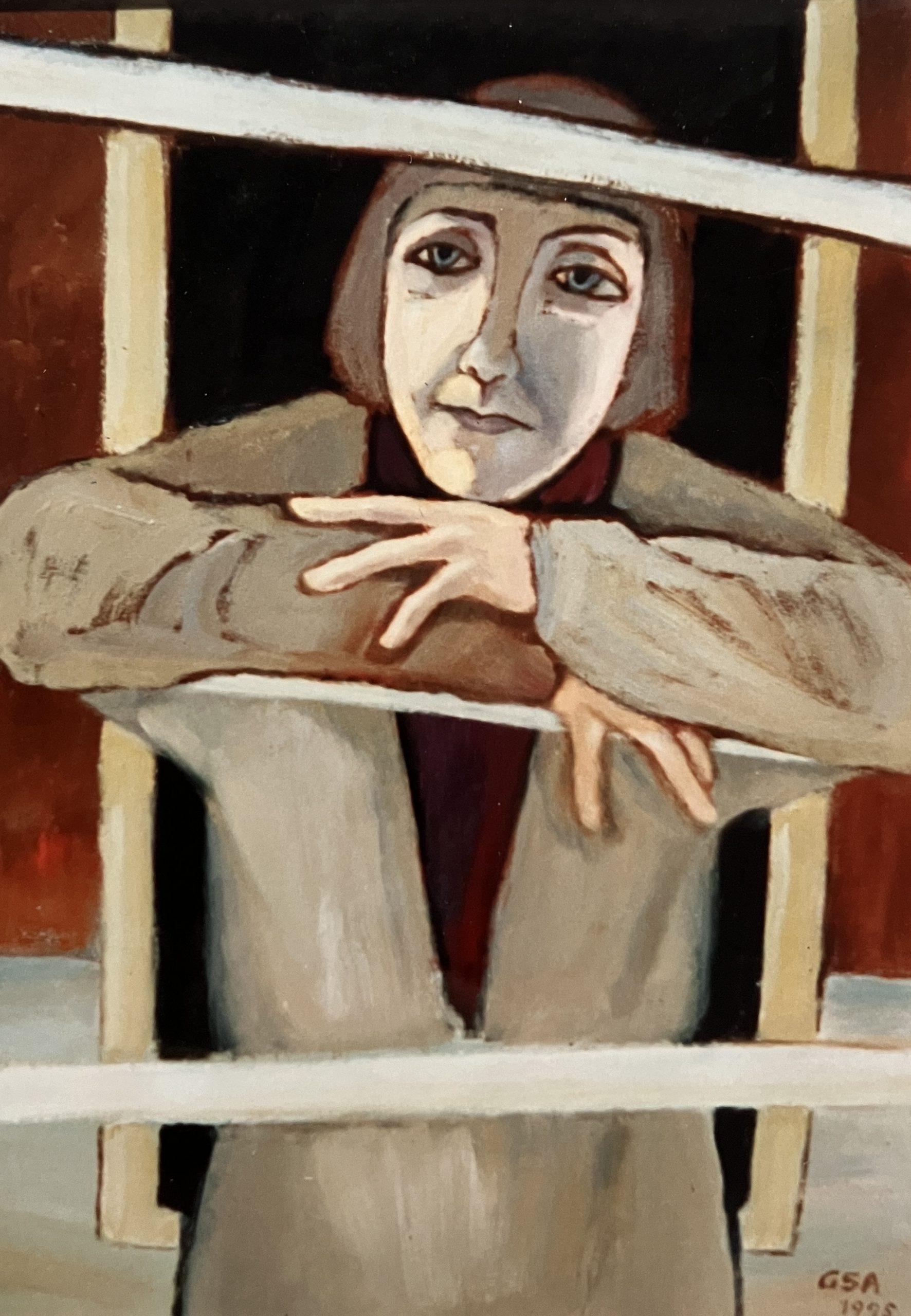 Hinter Gittern, 1995, Öl auf Hartfaserplatte, 55 x 77 cm.