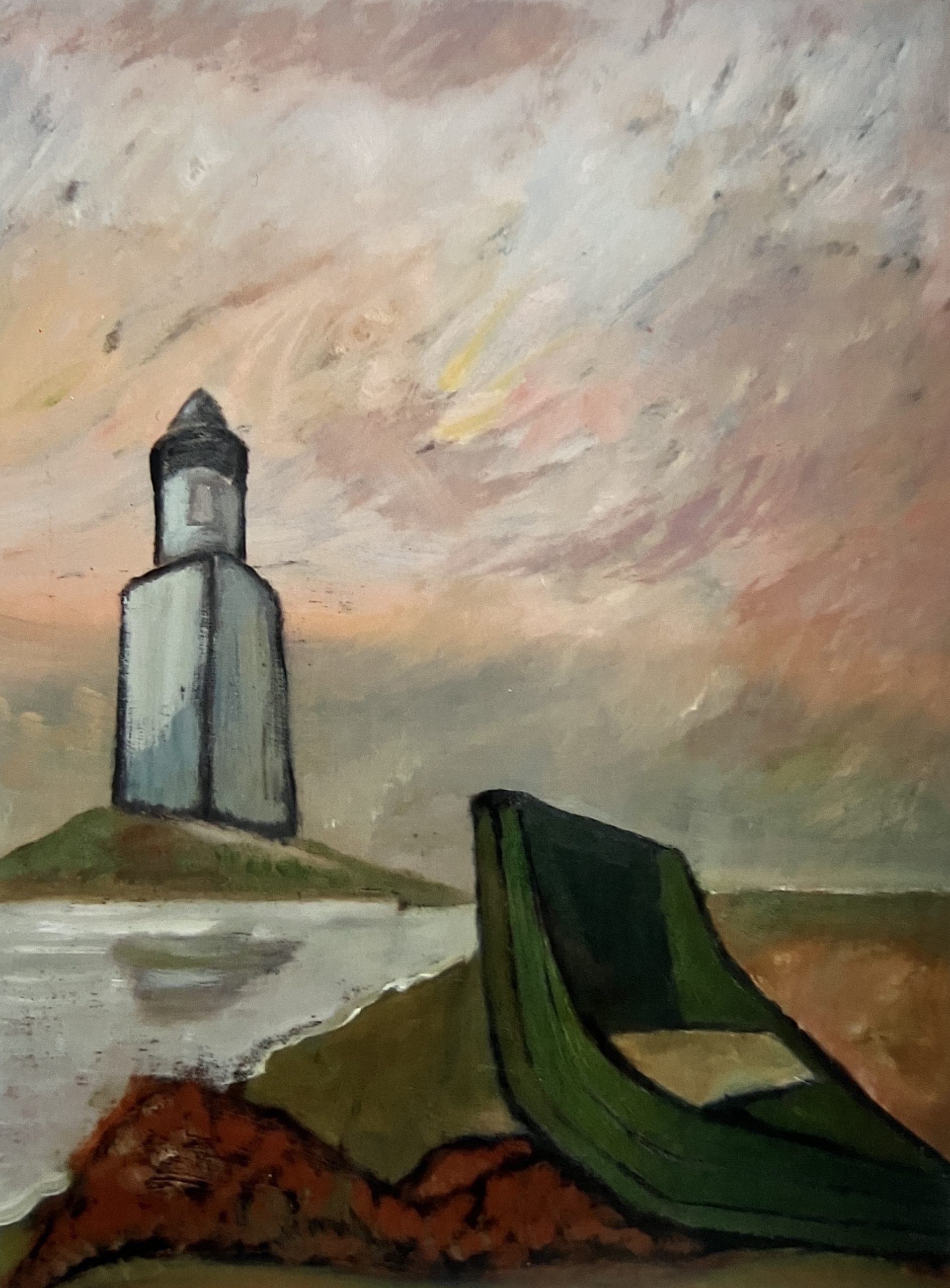 Kahn am Ufer, 1995, Öl auf Hartfaserplatte, 80 x 60 cm.