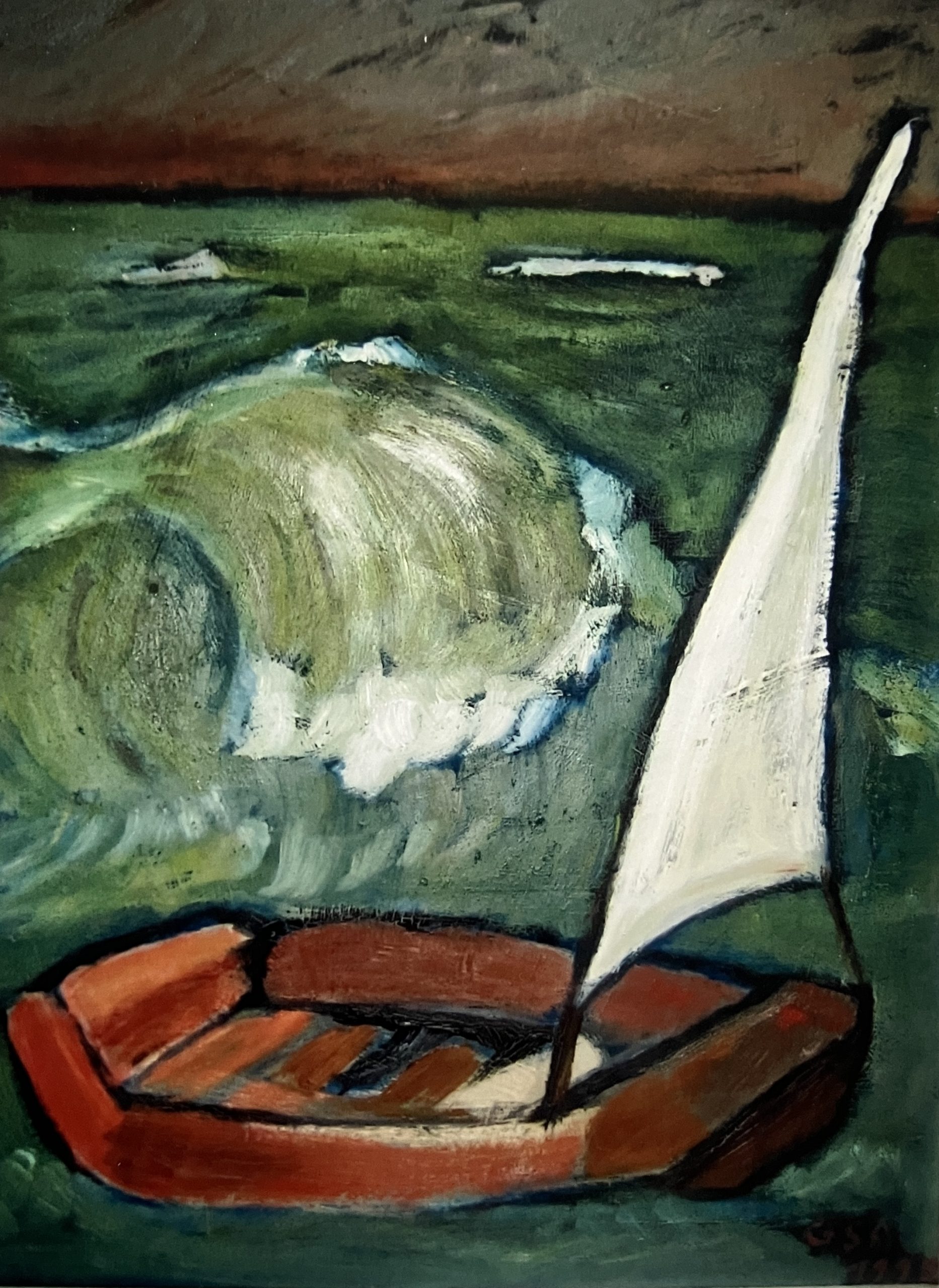 Kahn und Woge, 1995, Öl auf Hartfaserplatte, 45 x 60 cm.