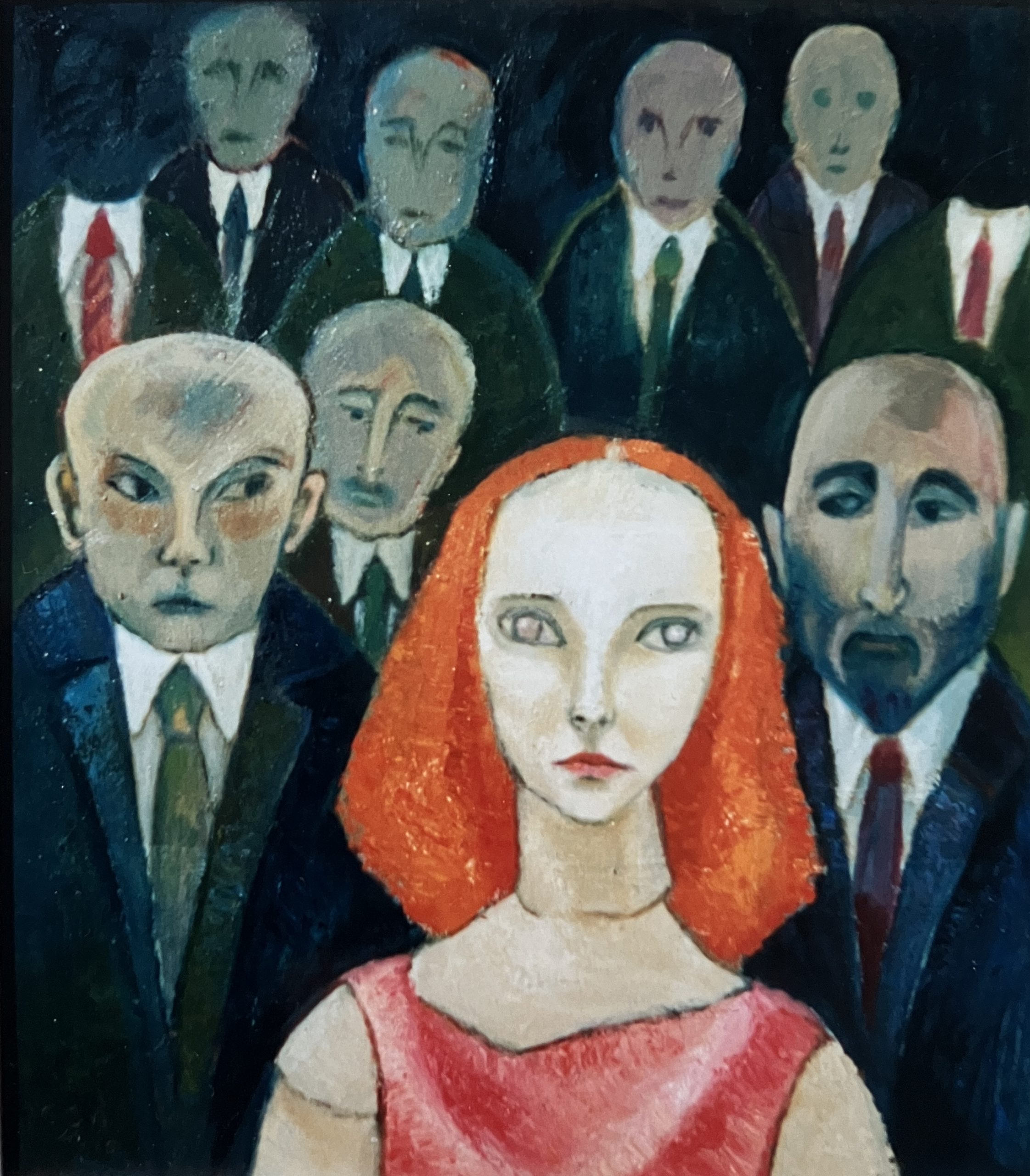 Konferenz mit Puppe (2. F.), 1995, Öl auf Hartfaserplatte.