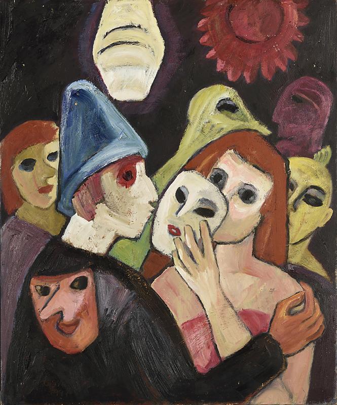 Maskenfest, 1995, Öl auf Hartfaserplatte, 90 x 74,5 cm.