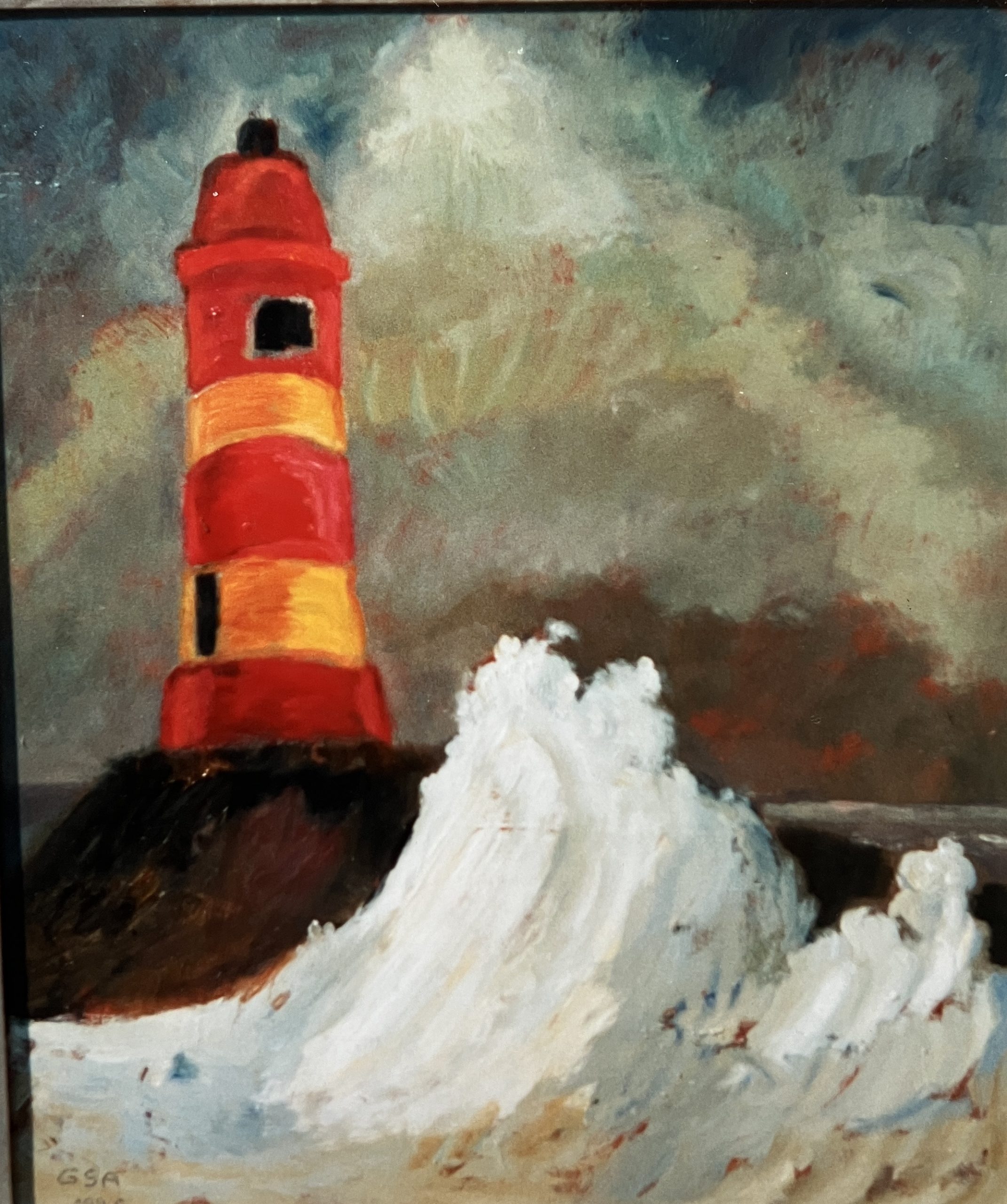 Roter Leuchtturm (1. F.), 1995 / 1996, Öl auf Hartfaserplatte, 61 x 52 cm.