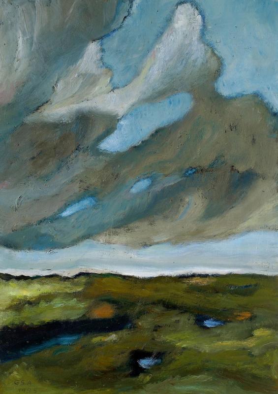 Wolken über dem Watt, 1995, Öl auf Hartfaserplatte, 90,3 x 63 cm.