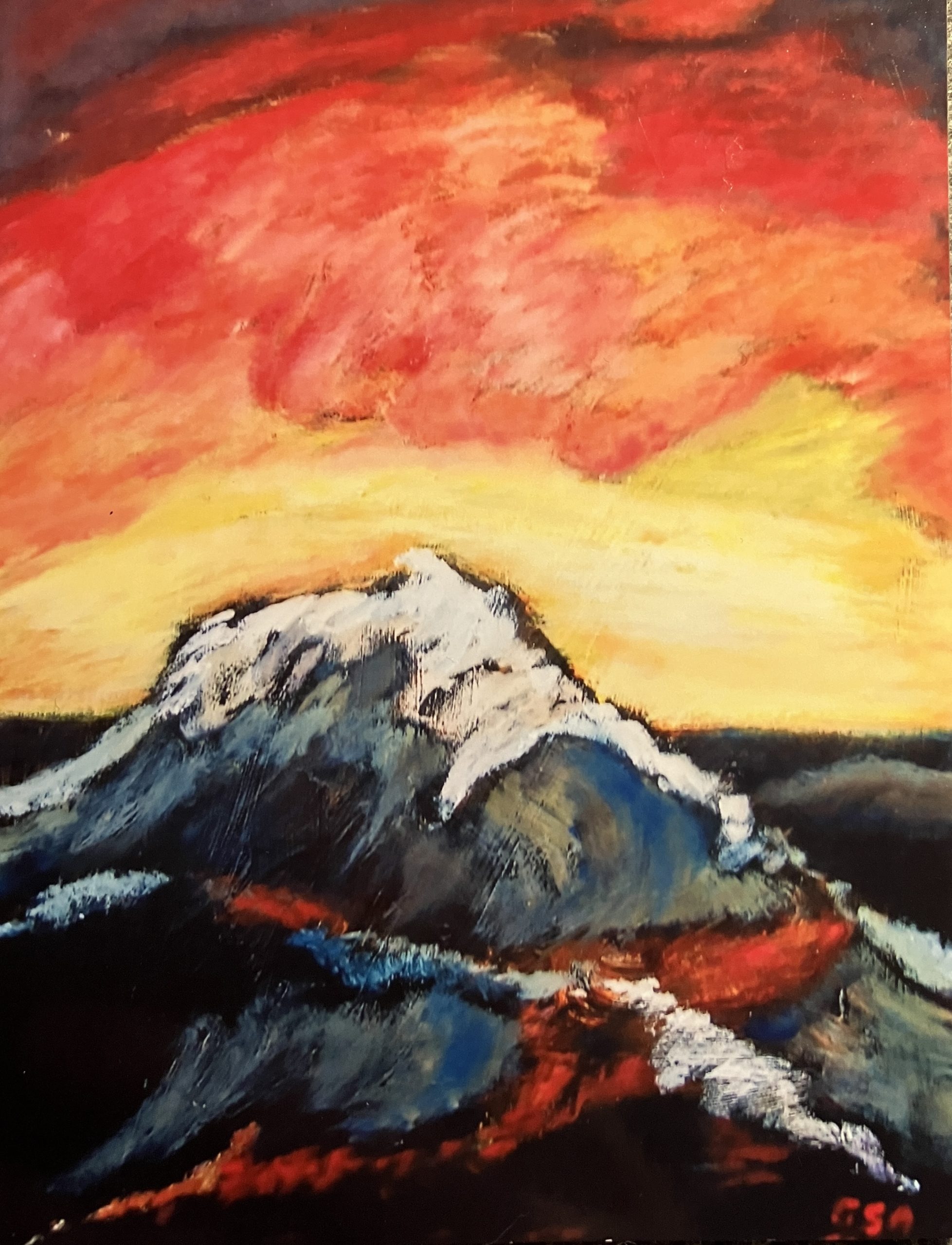 Abendglut über Wellen, 1996, Öl auf Hartfaserplatte, 79 x 58 cm.