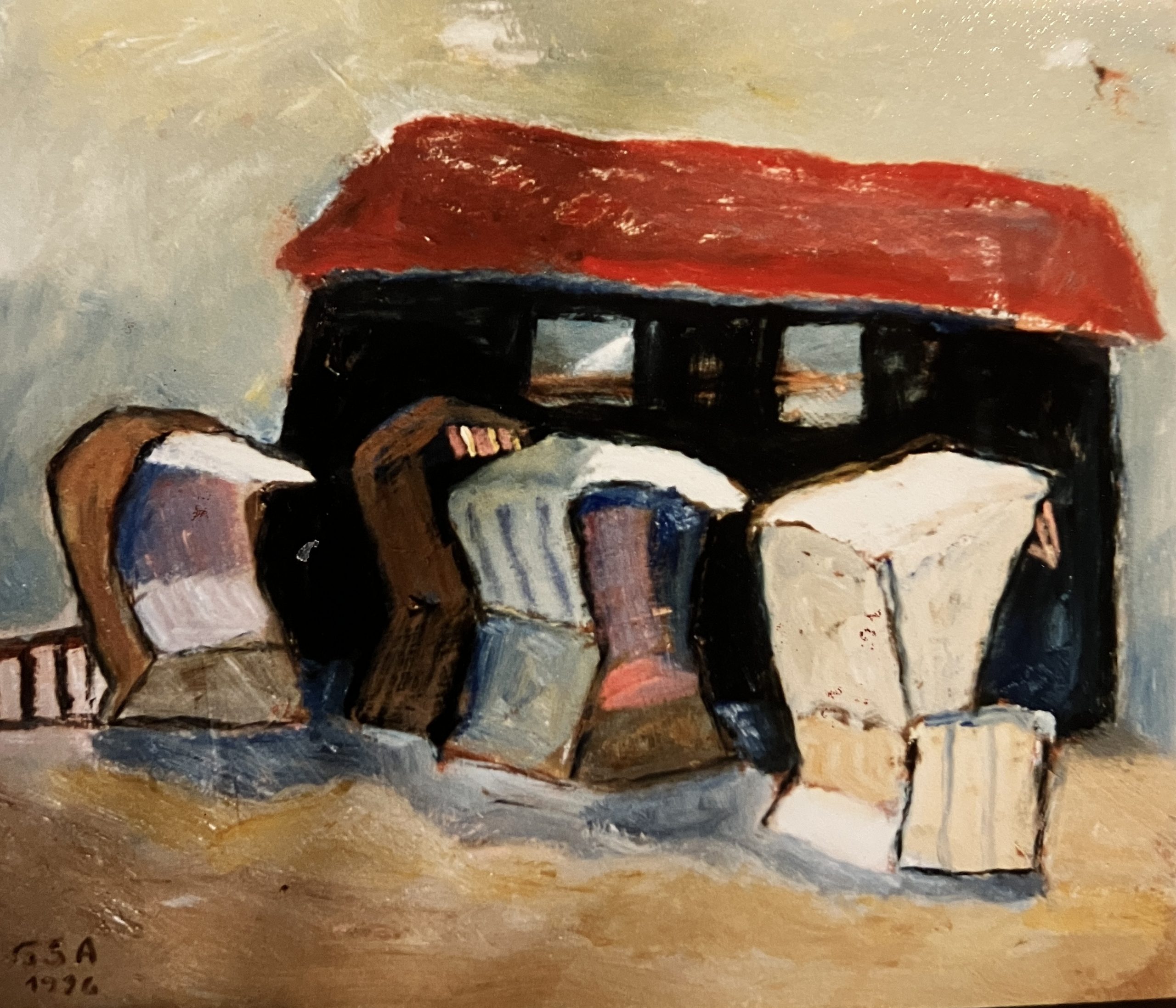 Alte Strandkörbe, 1996, Öl auf Hartfaserplatte, 60 x 70 cm.