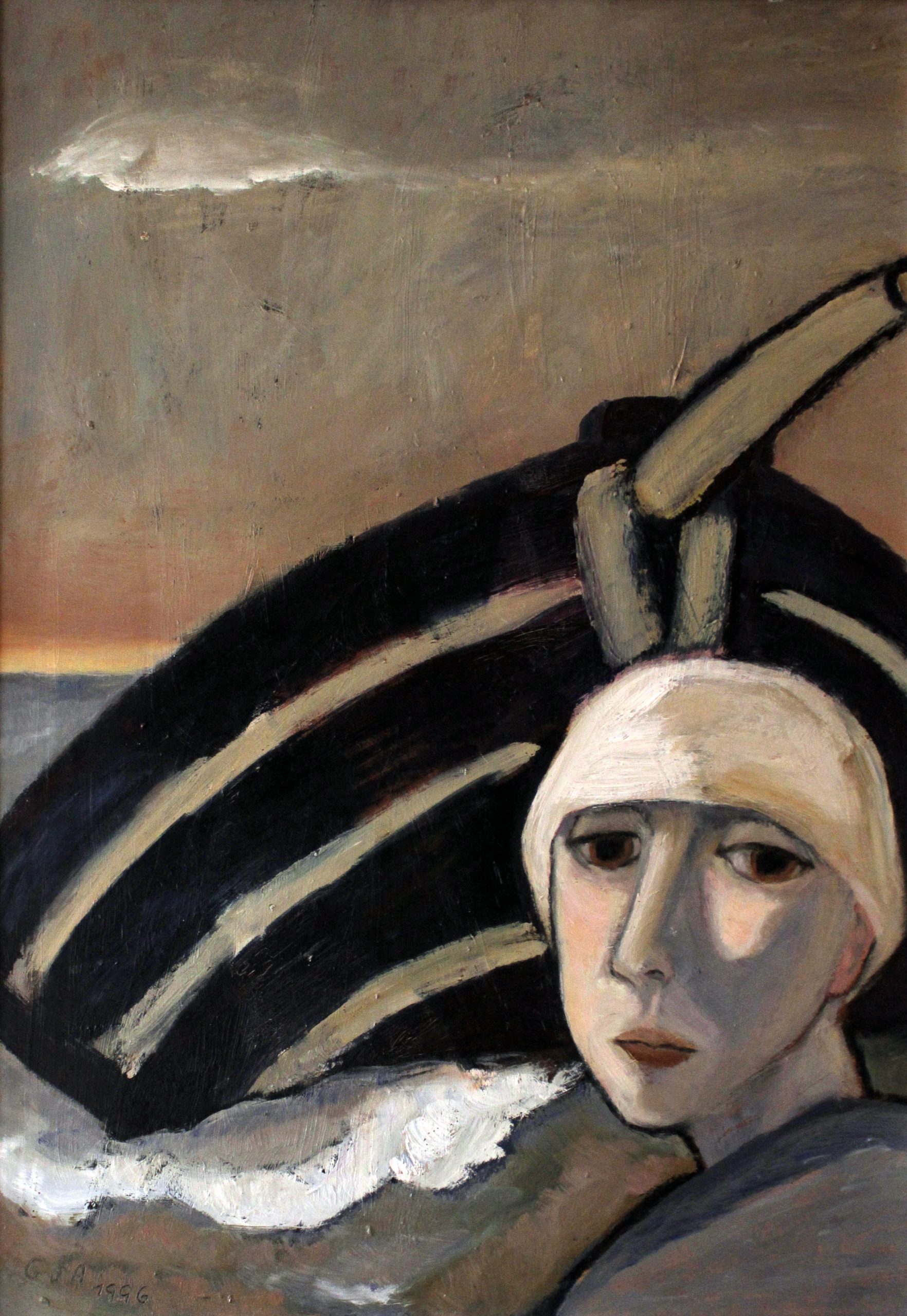 Am Boot, 1996, Öl auf Hartfaserplatte, 77 x 55 cm.