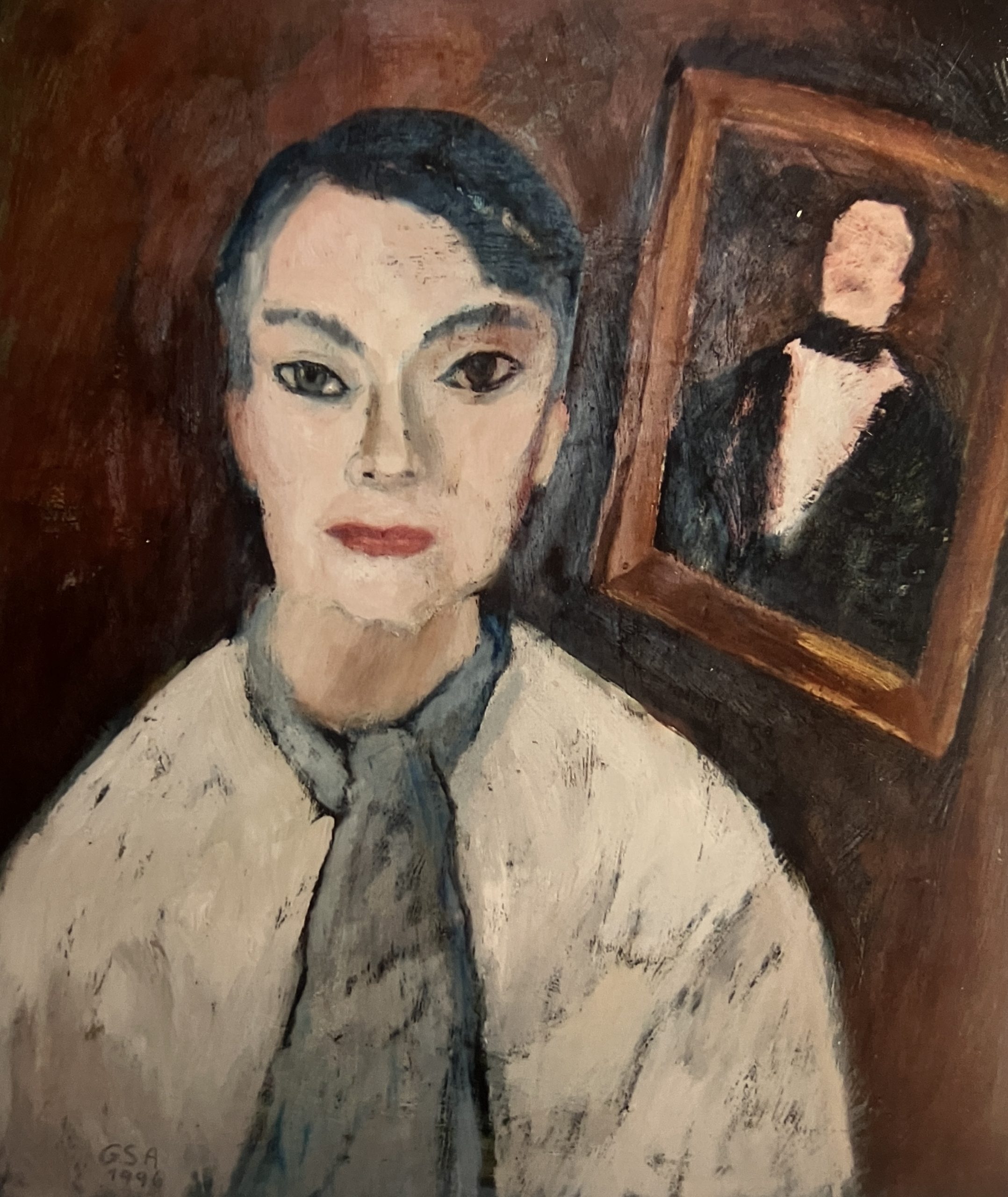 Bildnis G. K. III (Gudrun Krüger), 1996, Öl auf Hartfaserplatte, 70 x 60,2 cm.