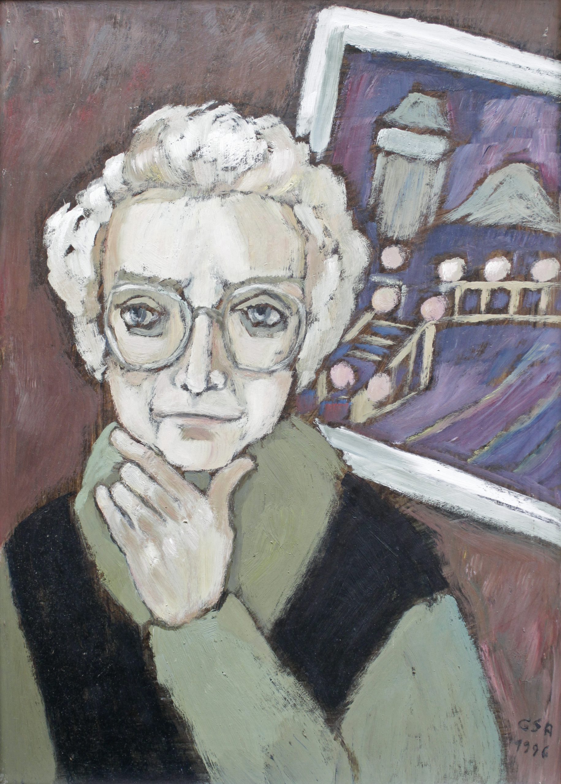 Bildnis L. B. (Liselotte Bader), 1996, Öl auf Hartfaserplatte, 69,8 x 49,8 cm.