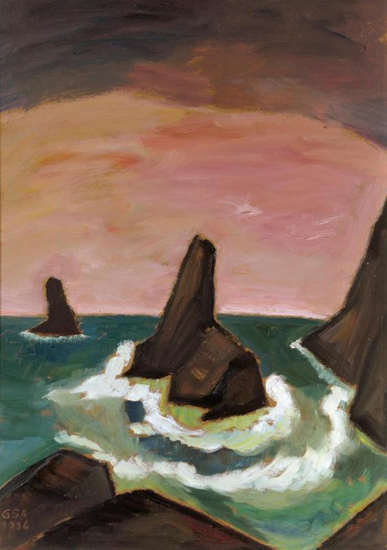 Felsige Küste, 1996, Öl auf Hartfaserplatte, 79,5 x 59,5 cm.