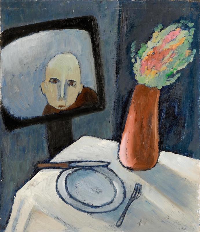 Fernsehabend, 1996, Öl auf Hartfaserplatte, 71 x 61 cm.