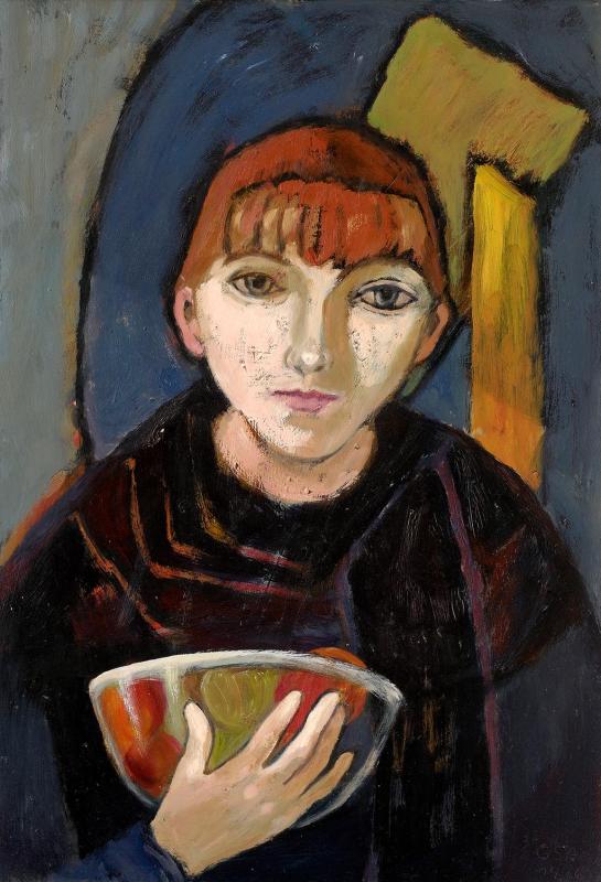 Frau mit Schale, 1996, Öl auf Hartfaserplatte, 74,8 x 52 cm.