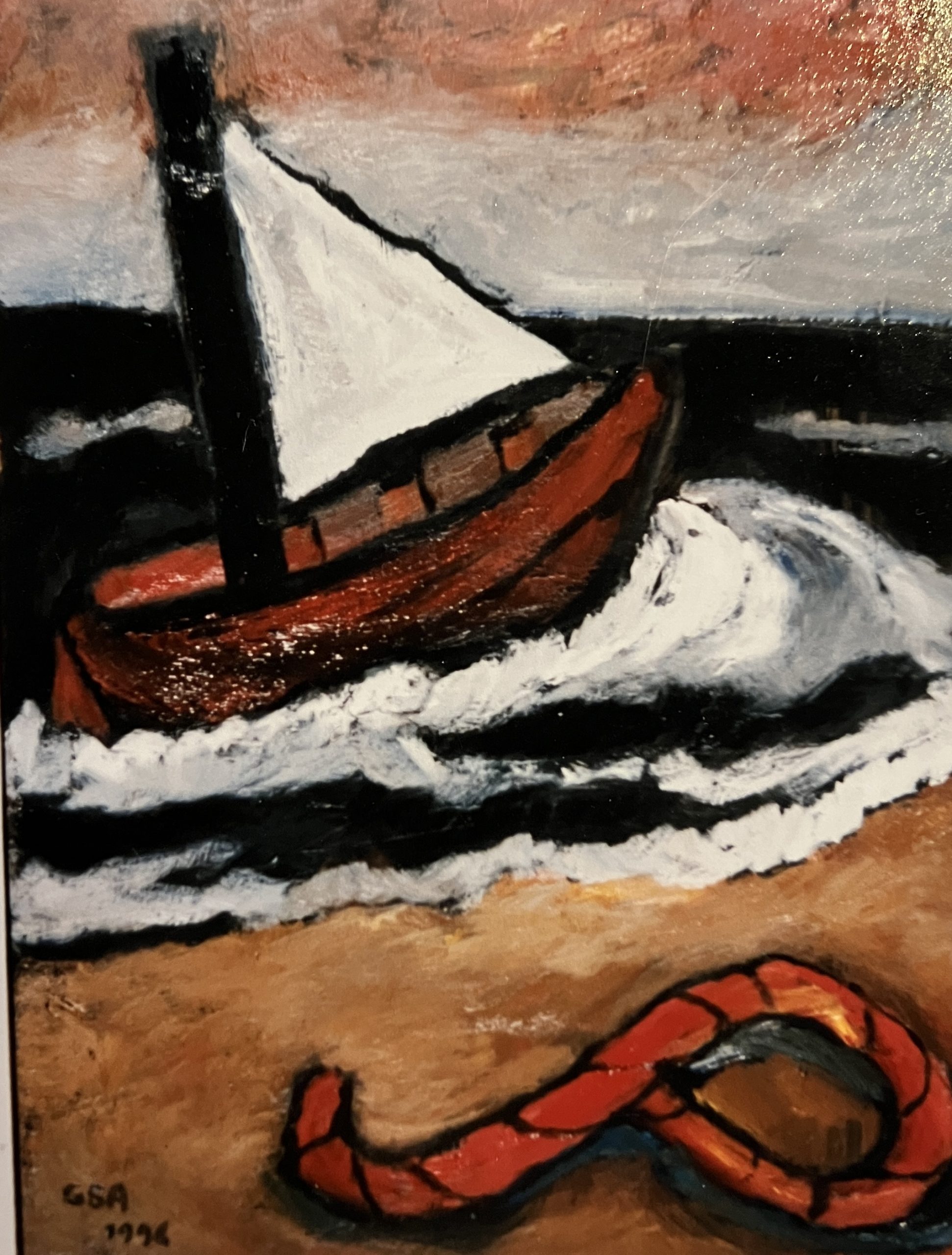 Gestrandet, 1996, Öl auf Hartfaserplatte, 79,5 x 60 cm.