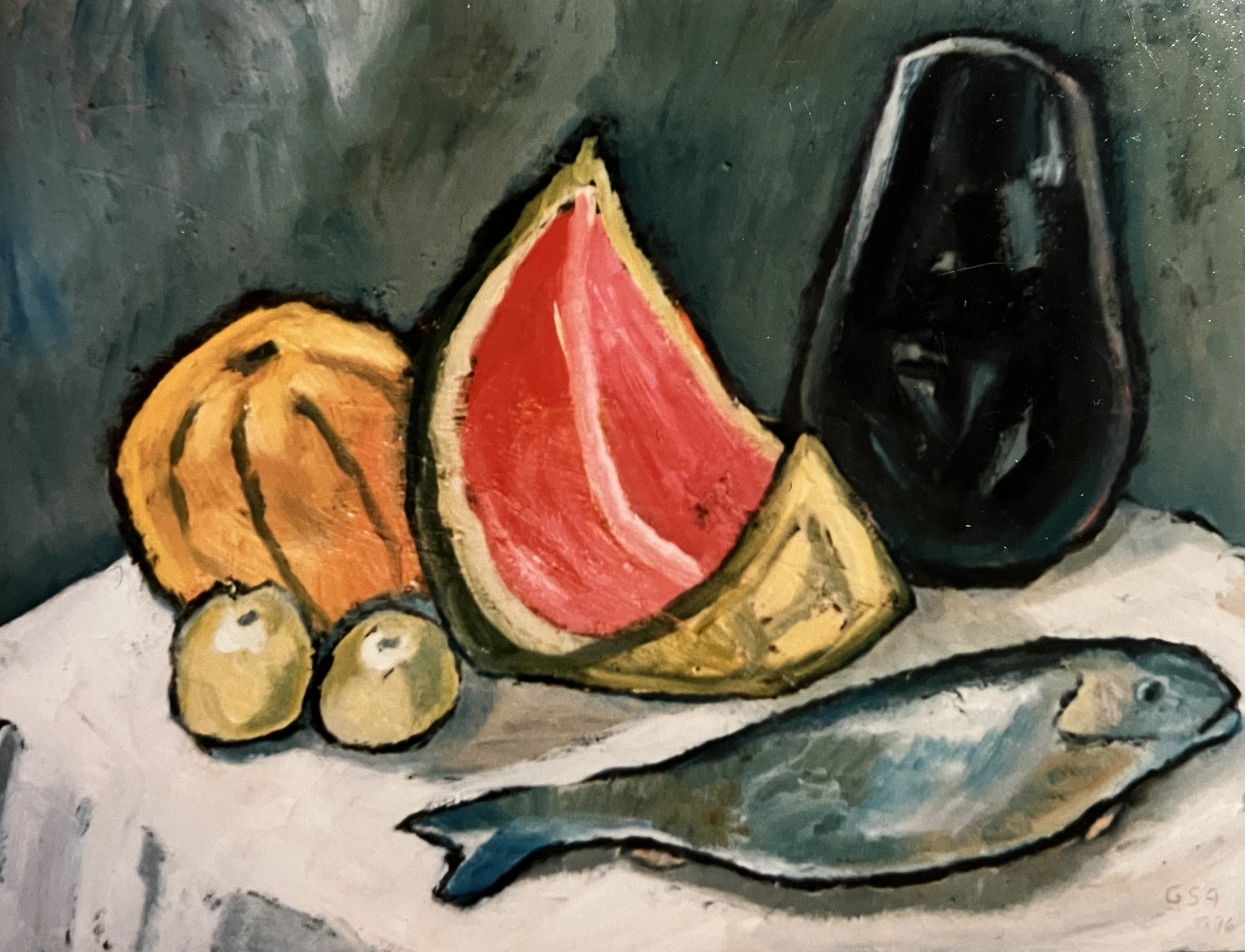 Melonen + Fisch (übermalt), 1996, Öl auf Hartfaserplatte.