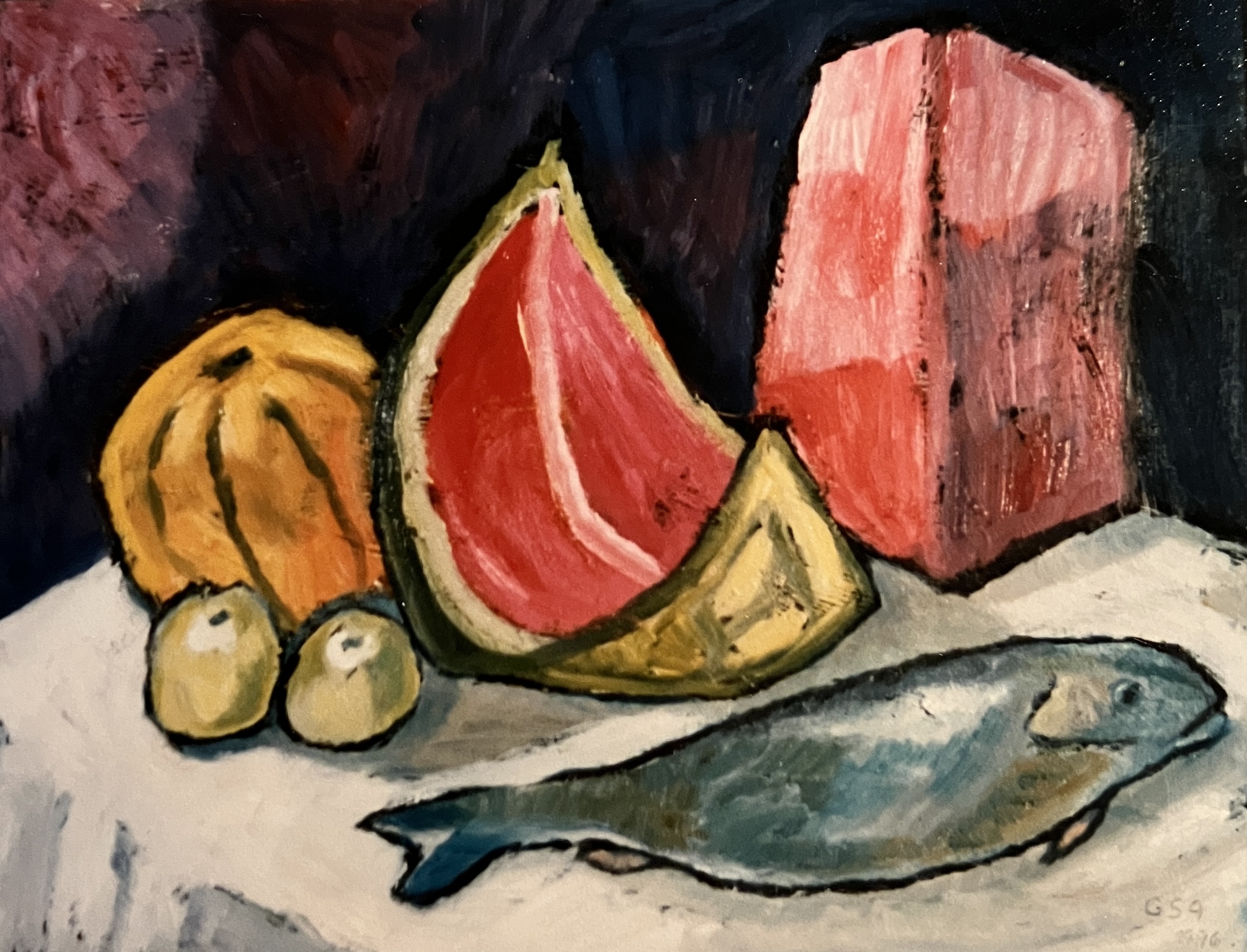Melonen + Fisch, 1996, Öl auf Hartfaserplatte, 60 x 80 cm.