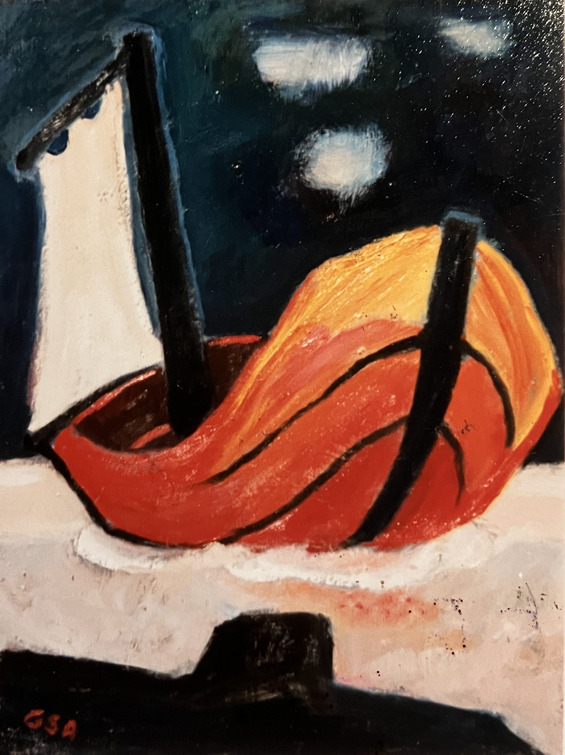 Segelboot, 1996, Öl auf Hartfaserplatte, 80 x 60 cm.