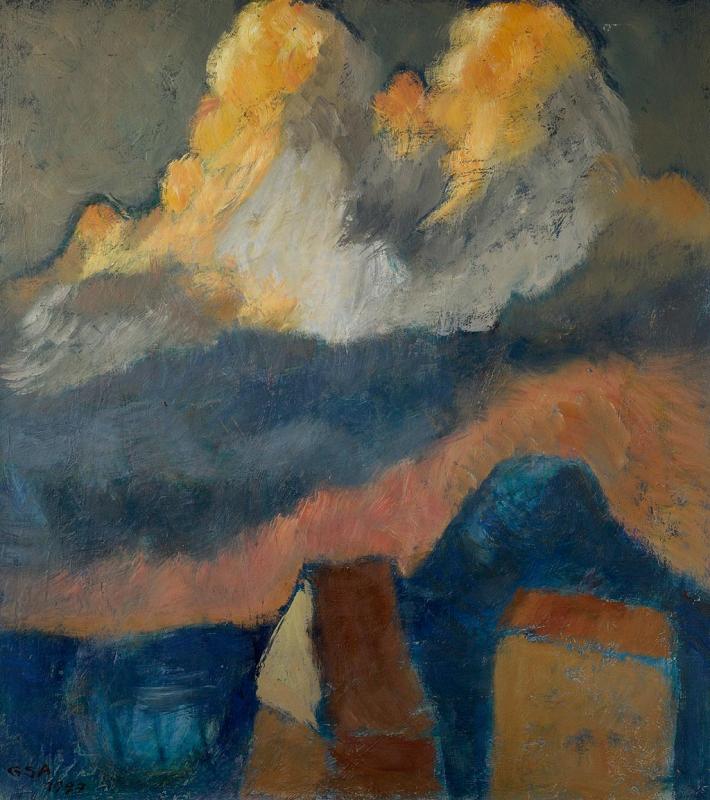 Abendwolken über der Stadt, 1997, Öl auf Hartfaserplatte, 90 x 79,7 cm.
