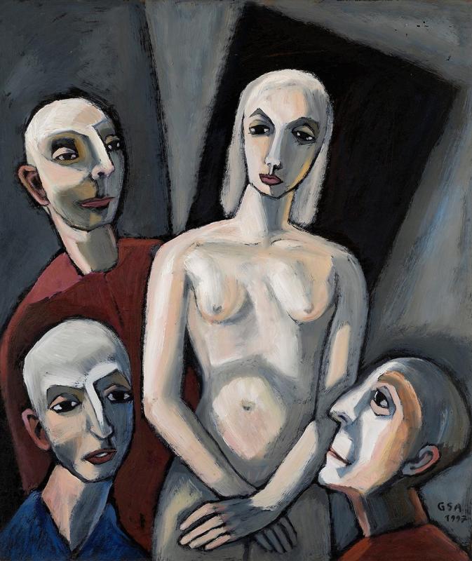 Aktkurs, 1997, Öl auf Hartfaserplatte, 89,8 x 74,7 cm.