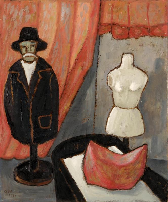 Bettenladen, 1997, Öl auf Hartfaserplatte, 90 x 75 cm.